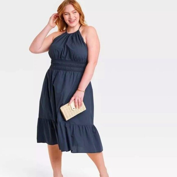 A New Day Cotton Poplin Midi Sundress High Neck XXL Navy Blue Sleeveless‎ Dress - Picture 1 of 10